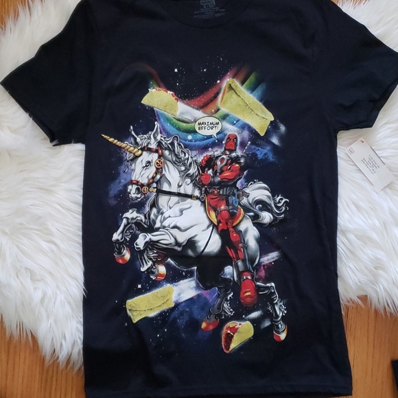 Marvel Deadpool and Unicorn Black Graphic T Shirt
